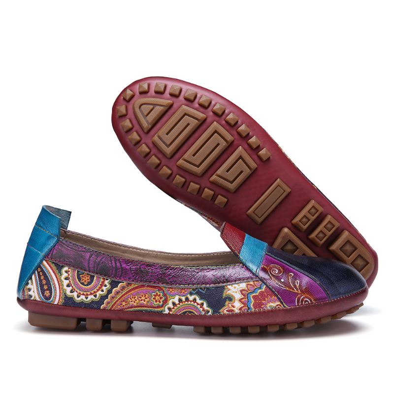 Bohemian Blødt Læder Blomstersplejsning Casual Slip On Loafers Flade Sko