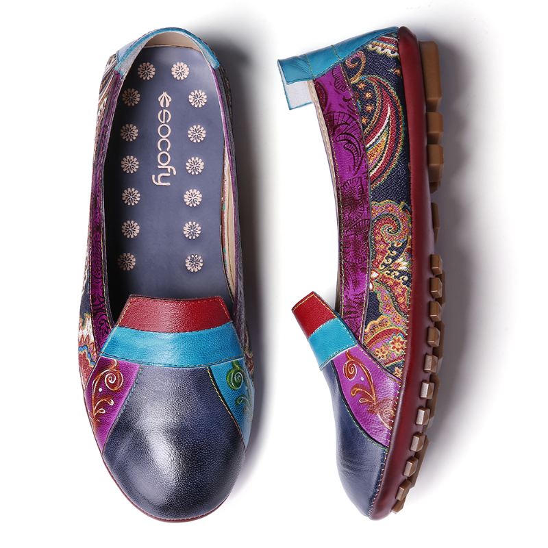 Bohemian Blødt Læder Blomstersplejsning Casual Slip On Loafers Flade Sko