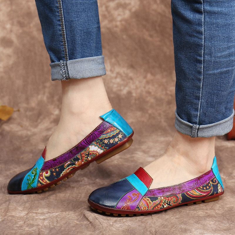 Bohemian Blødt Læder Blomstersplejsning Casual Slip On Loafers Flade Sko