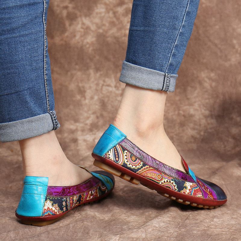 Bohemian Blødt Læder Blomstersplejsning Casual Slip On Loafers Flade Sko