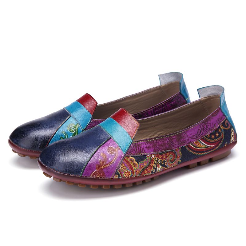 Bohemian Blødt Læder Blomstersplejsning Casual Slip On Loafers Flade Sko