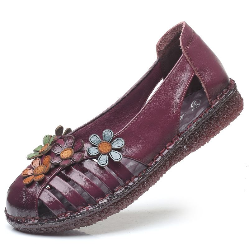 Kvinder Ægte Læder Åndbar Blomsterdekoration Retro Slip On Soft Flats