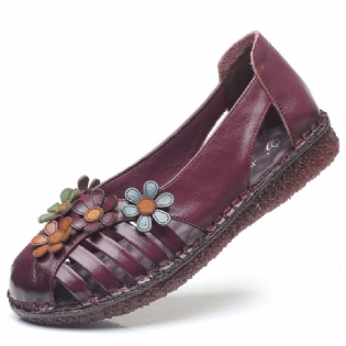 Kvinder Ægte Læder Åndbar Blomsterdekoration Retro Slip On Soft Flats