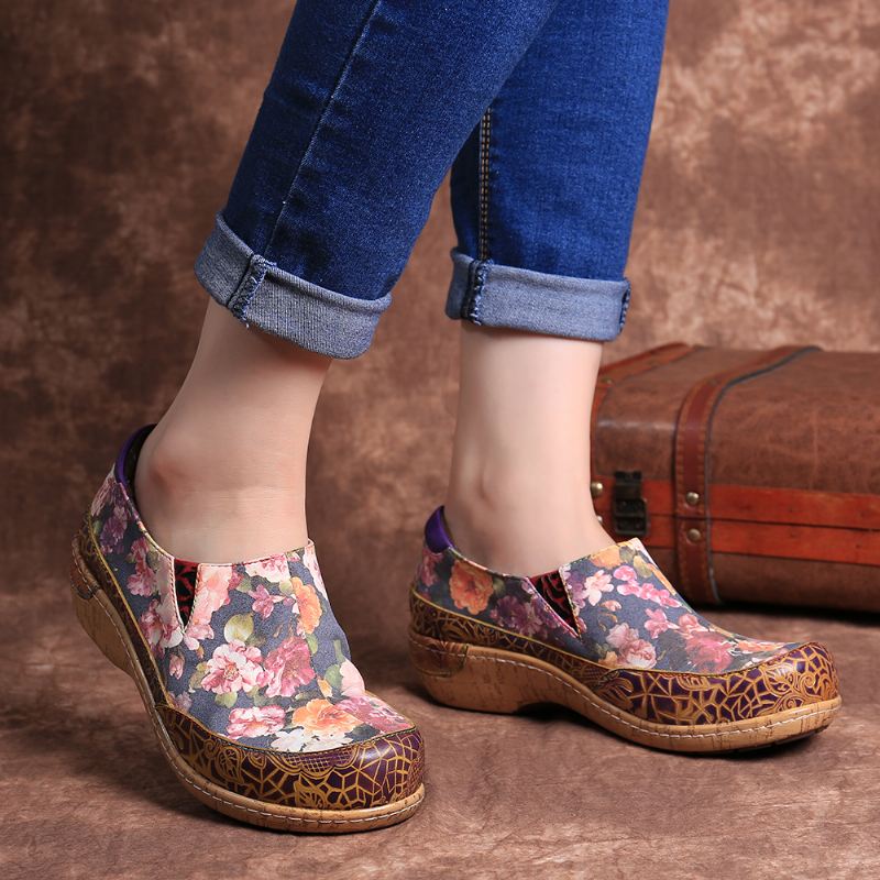 Kvinder Bloom Flowers Splejsning Retro Stitching Slip On Flats