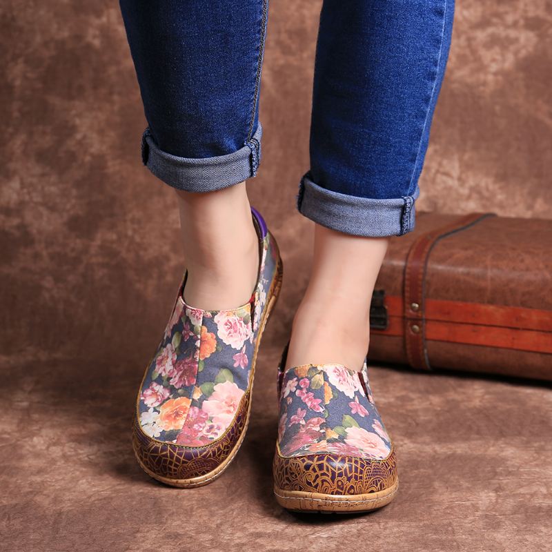 Kvinder Bloom Flowers Splejsning Retro Stitching Slip On Flats