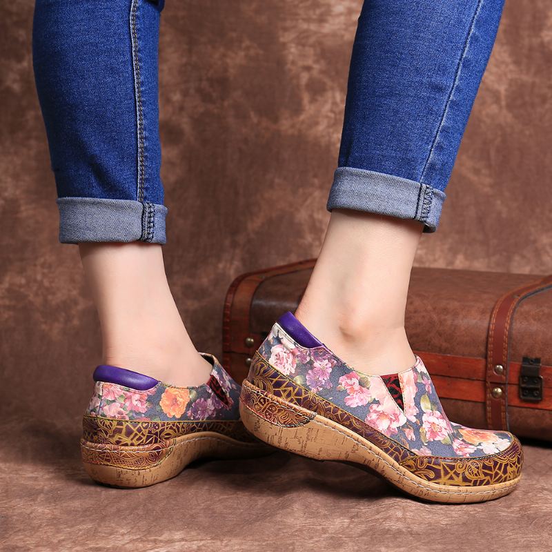 Kvinder Bloom Flowers Splejsning Retro Stitching Slip On Flats