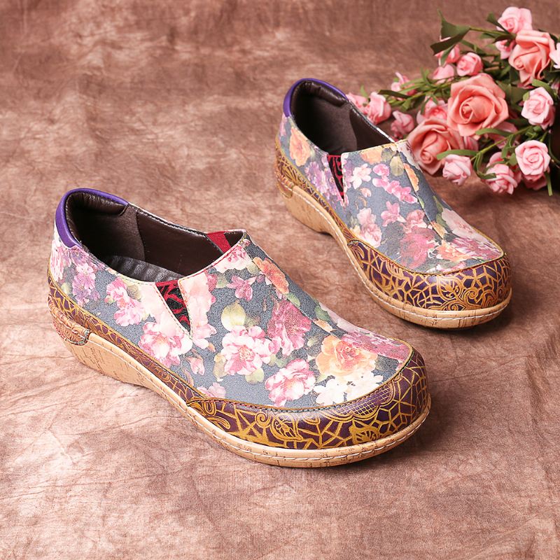 Kvinder Bloom Flowers Splejsning Retro Stitching Slip On Flats