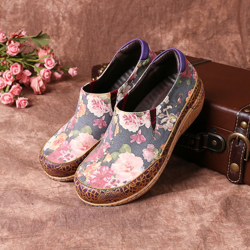 Kvinder Bloom Flowers Splejsning Retro Stitching Slip On Flats