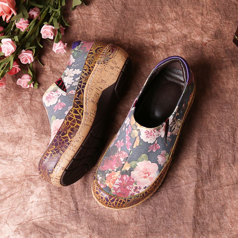 Kvinder Bloom Flowers Splejsning Retro Stitching Slip On Flats