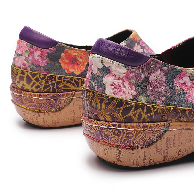 Kvinder Bloom Flowers Splejsning Retro Stitching Slip On Flats