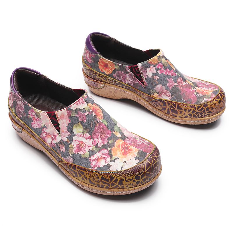 Kvinder Bloom Flowers Splejsning Retro Stitching Slip On Flats