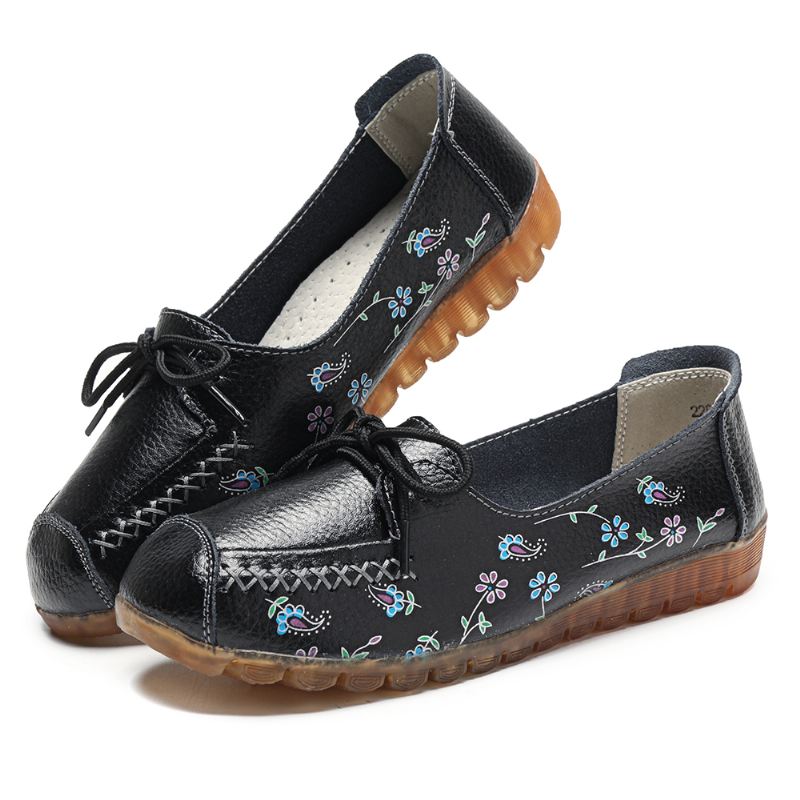 Kvinder Bowknot Blomster Udskrivning Skridsikker Blød Sål Casual Læder Loafers