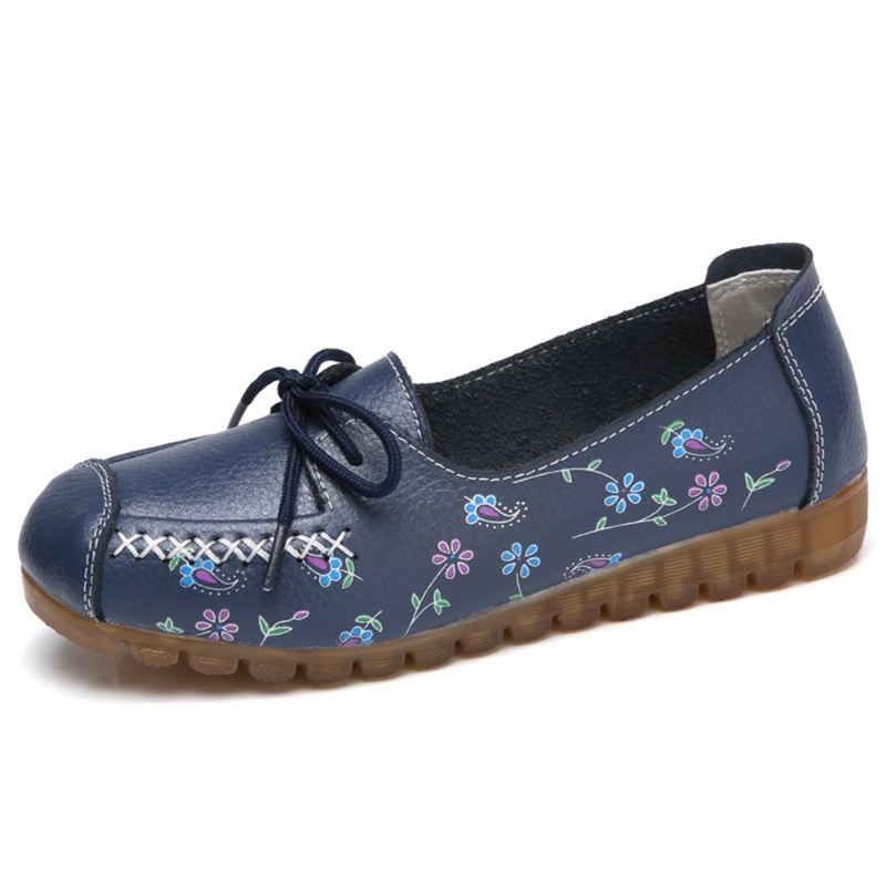 Kvinder Bowknot Blomster Udskrivning Skridsikker Blød Sål Casual Læder Loafers