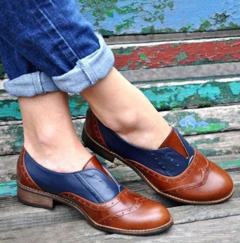 Kvinder Farvesplejsning Firkantet Hæl Rund Tå Brogue Oxfords Casual Flats Loafers