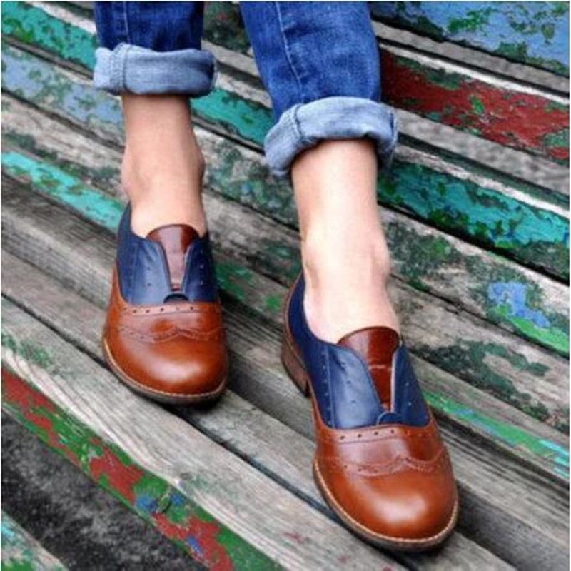 Kvinder Farvesplejsning Firkantet Hæl Rund Tå Brogue Oxfords Casual Flats Loafers