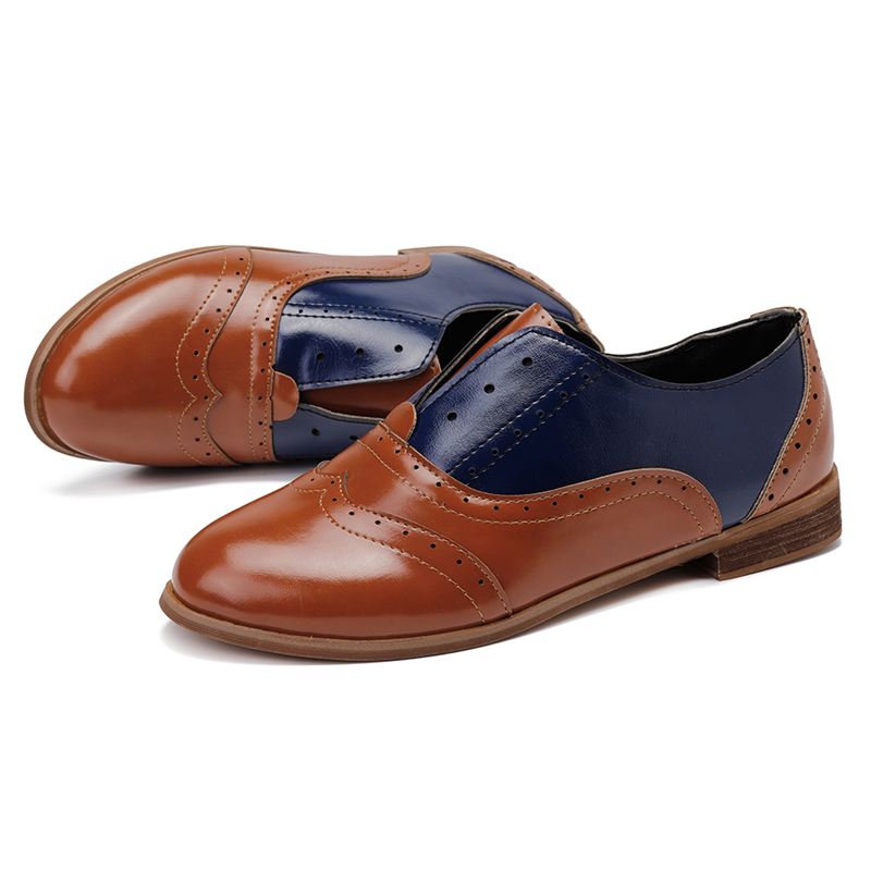 Kvinder Farvesplejsning Firkantet Hæl Rund Tå Brogue Oxfords Casual Flats Loafers