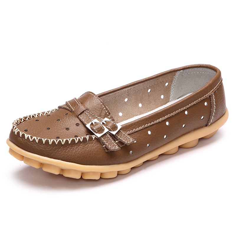 Kvinder Flat Hollow Out Casual Blødt Læder Slip-on Runde Tå Loafers