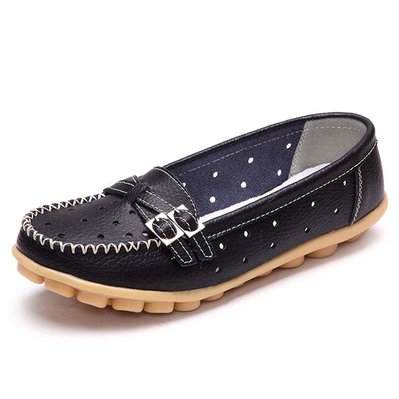 Kvinder Flat Hollow Out Casual Blødt Læder Slip-on Runde Tå Loafers