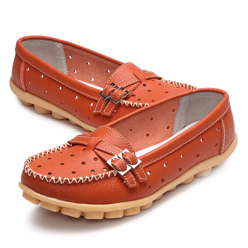 Kvinder Flat Hollow Out Casual Blødt Læder Slip-on Runde Tå Loafers