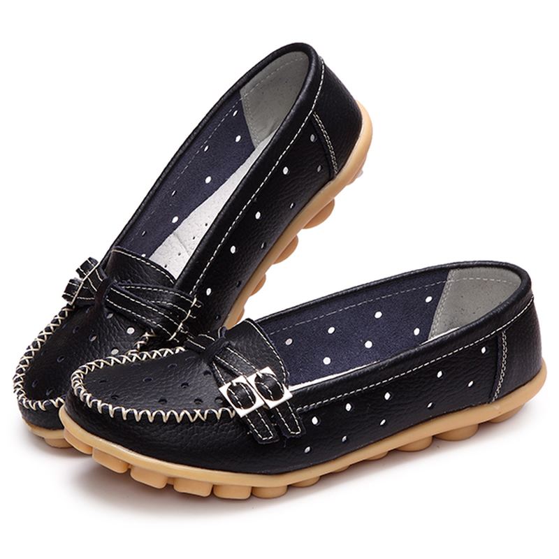 Kvinder Flat Hollow Out Casual Blødt Læder Slip-on Runde Tå Loafers