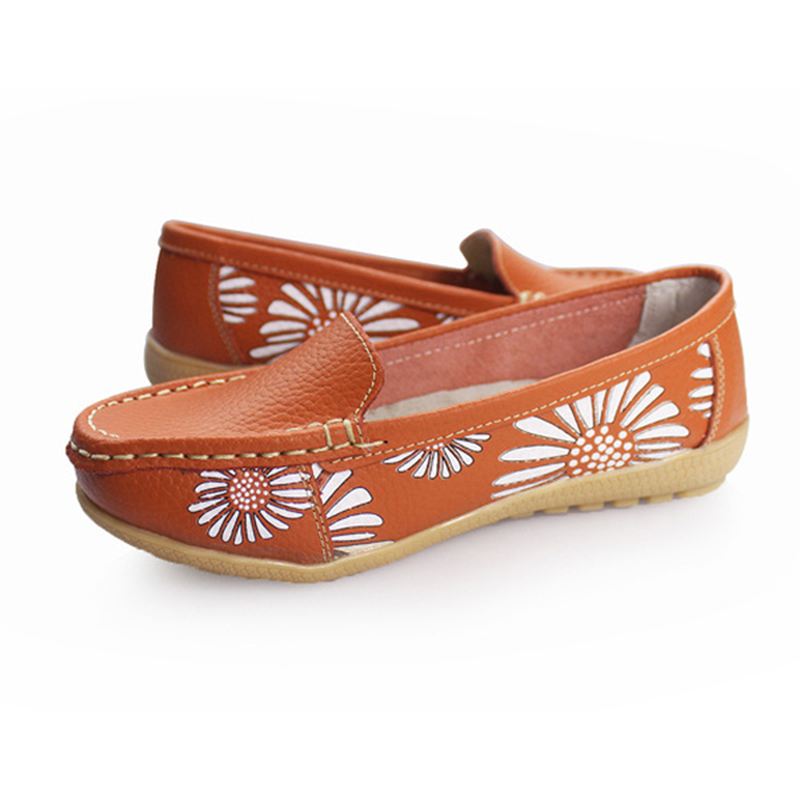 Kvinder Flats Sko Komfortable Slip-on Blød Casual Blomster Blomster Læder Loafers Flats Sko