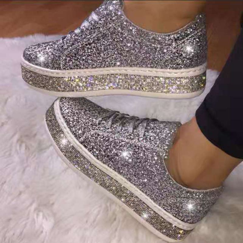 Kvinder Glitter Pailletter Mode Snørefest Fest Casual Platform Sko Flats