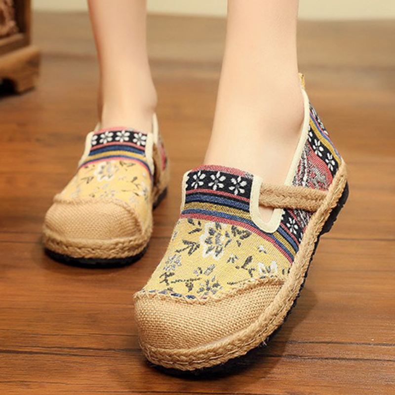 Kvinder Linen Old Peking Printing Stricing Slip On Loafers