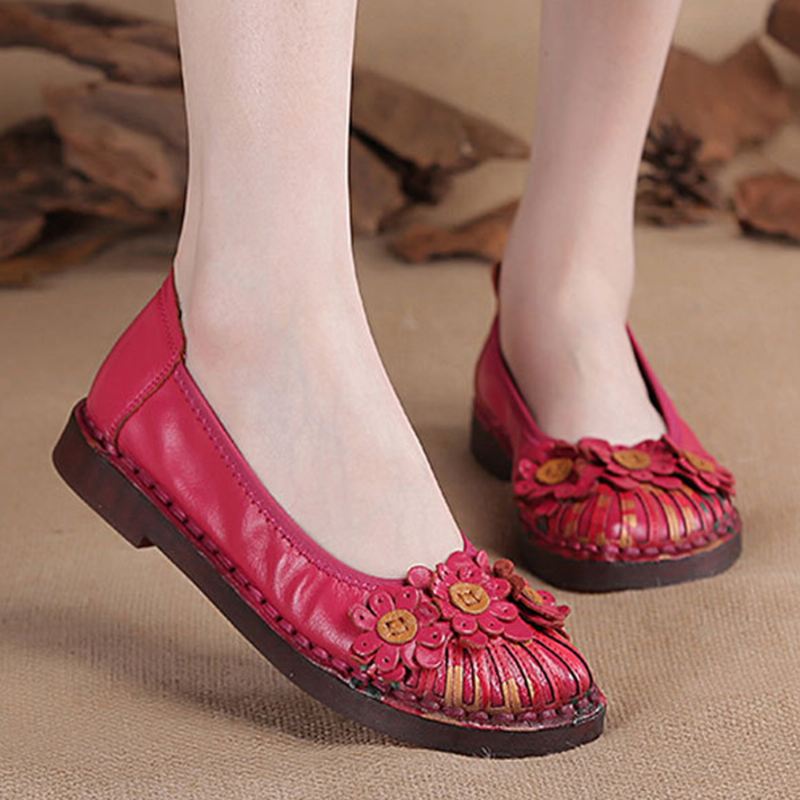 Kvinder Retro Flowers Decor Håndlavede Syninger Non Slp Soft Sole Loafers