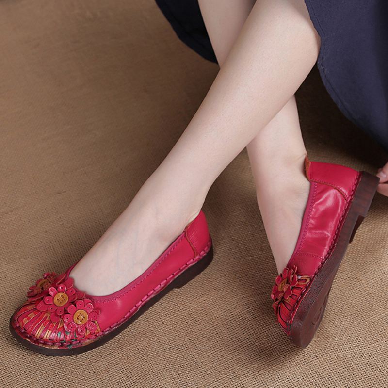 Kvinder Retro Flowers Decor Håndlavede Syninger Non Slp Soft Sole Loafers