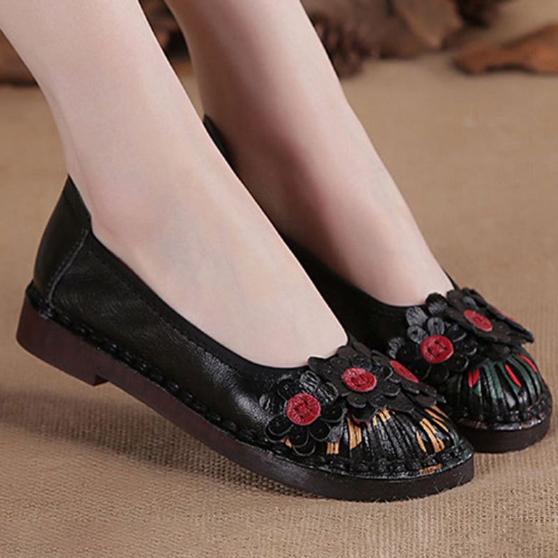 Kvinder Retro Flowers Decor Håndlavede Syninger Non Slp Soft Sole Loafers