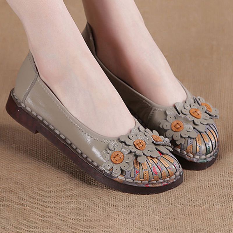 Kvinder Retro Flowers Decor Håndlavede Syninger Non Slp Soft Sole Loafers