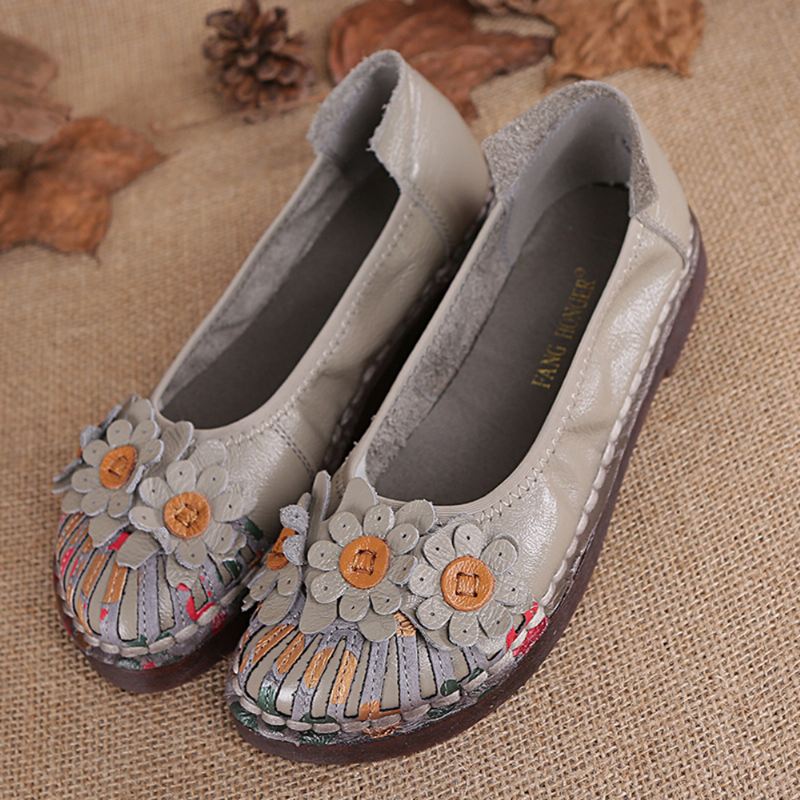 Kvinder Retro Flowers Decor Håndlavede Syninger Non Slp Soft Sole Loafers