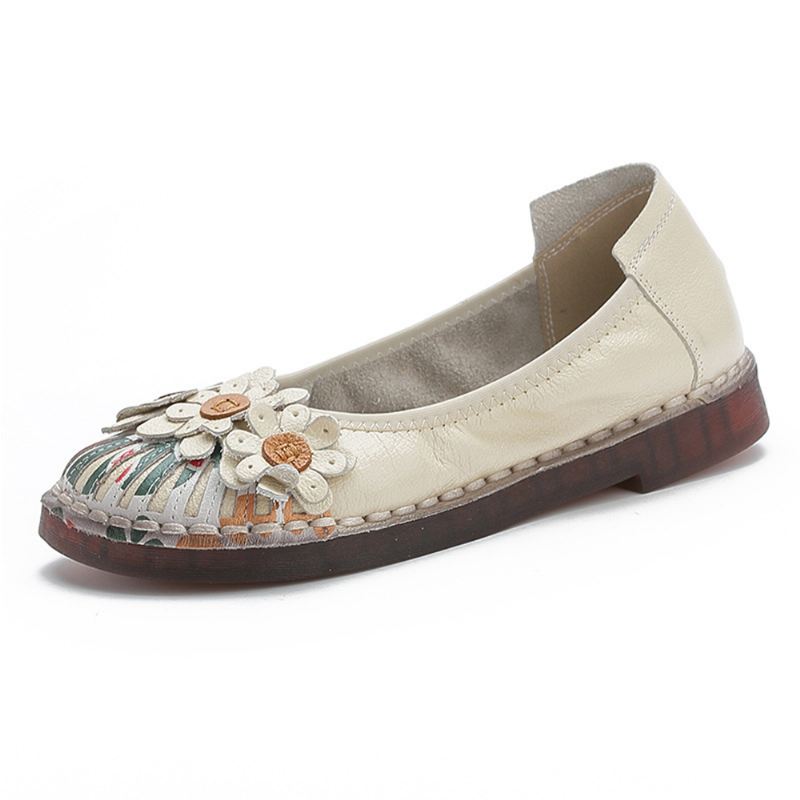 Kvinder Retro Flowers Decor Håndlavede Syninger Non Slp Soft Sole Loafers