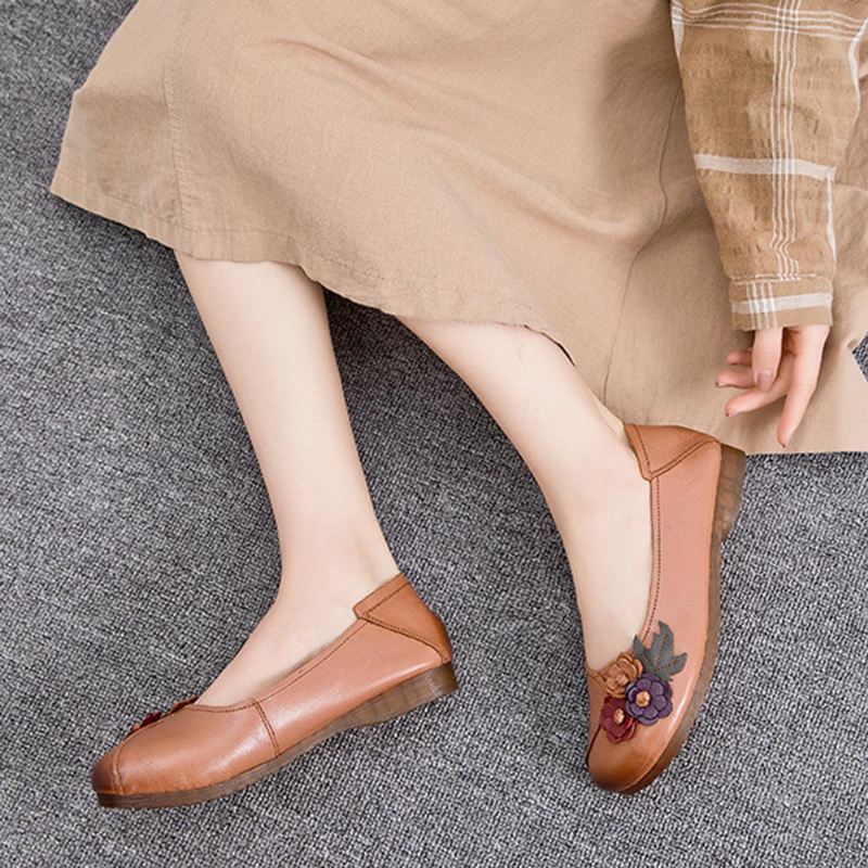 Kvinder Vintage Floral Rund Tå Ægte Læder Blød Sål Slip On Flats