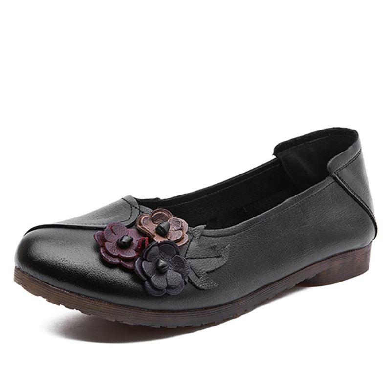 Kvinder Vintage Floral Rund Tå Ægte Læder Blød Sål Slip On Flats