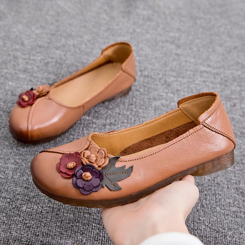 Kvinder Vintage Floral Rund Tå Ægte Læder Blød Sål Slip On Flats