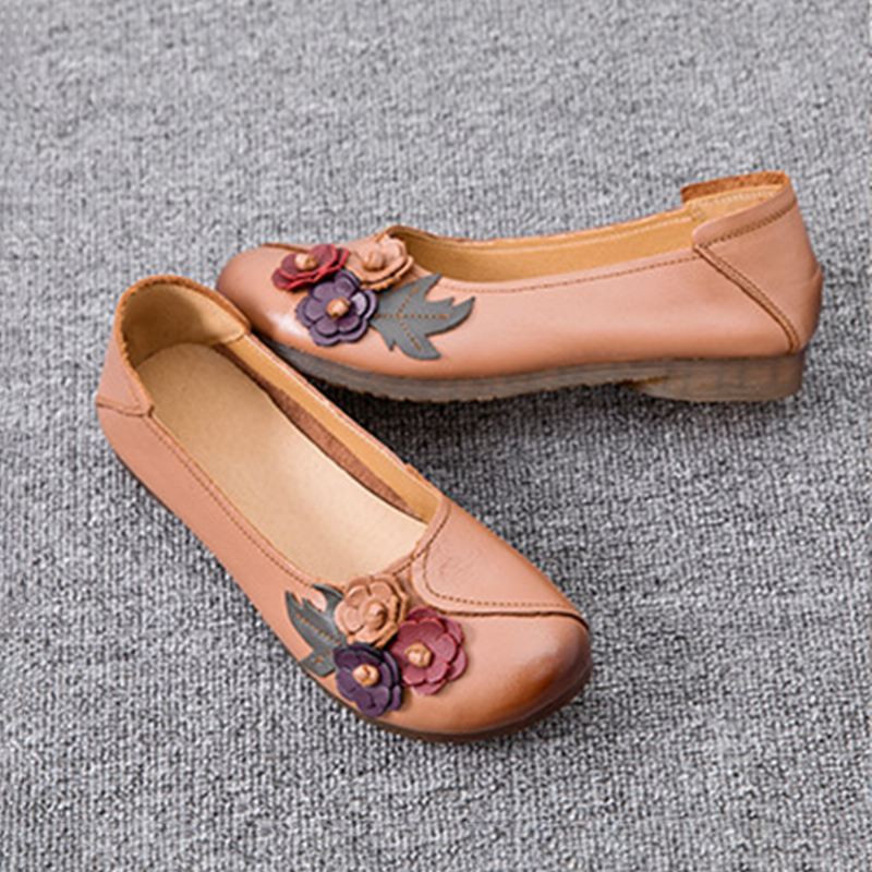 Kvinder Vintage Floral Rund Tå Ægte Læder Blød Sål Slip On Flats