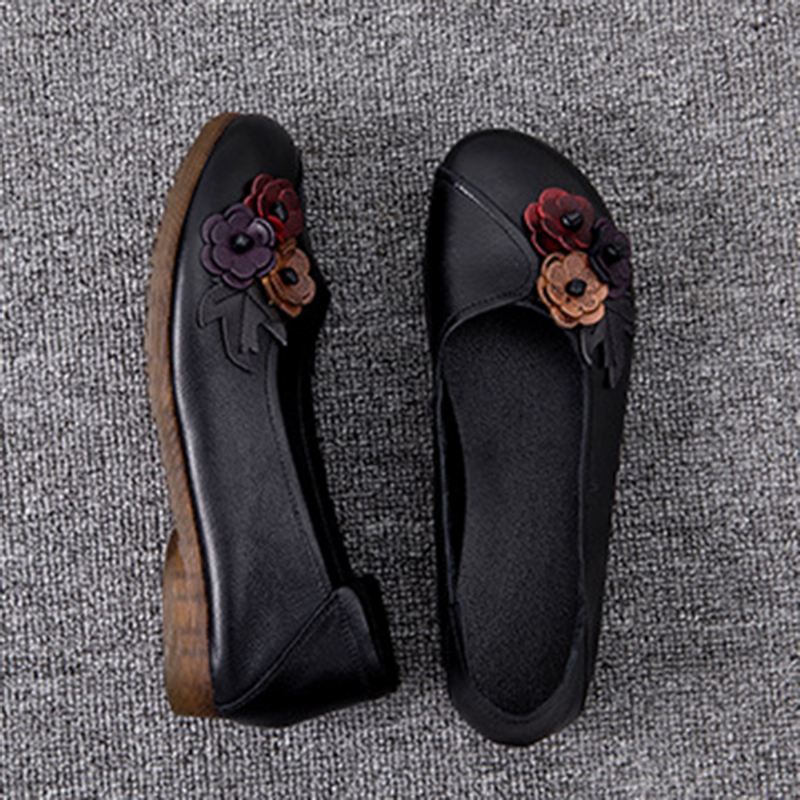 Kvinder Vintage Floral Rund Tå Ægte Læder Blød Sål Slip On Flats