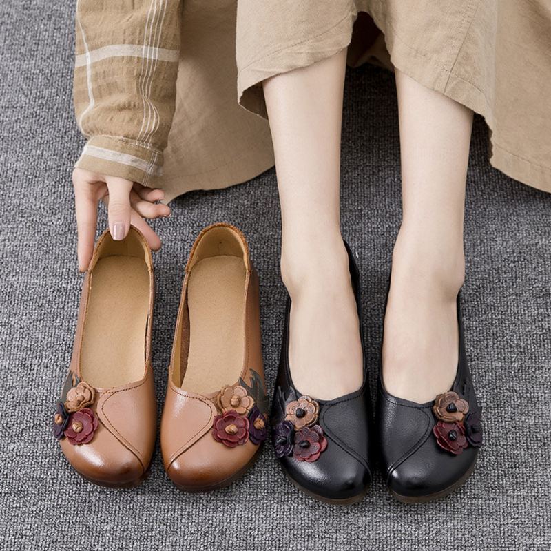 Kvinder Vintage Floral Rund Tå Ægte Læder Blød Sål Slip On Flats