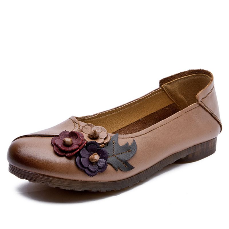 Kvinder Vintage Floral Rund Tå Ægte Læder Blød Sål Slip On Flats