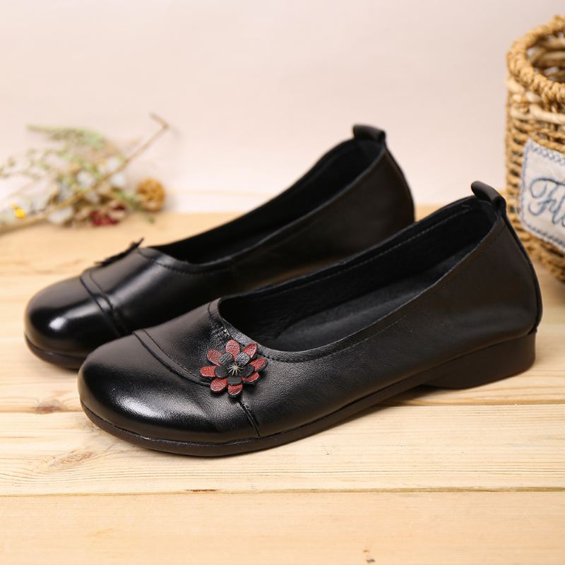 Kvinders Læderblomster Slip On Flats Loafers Sko