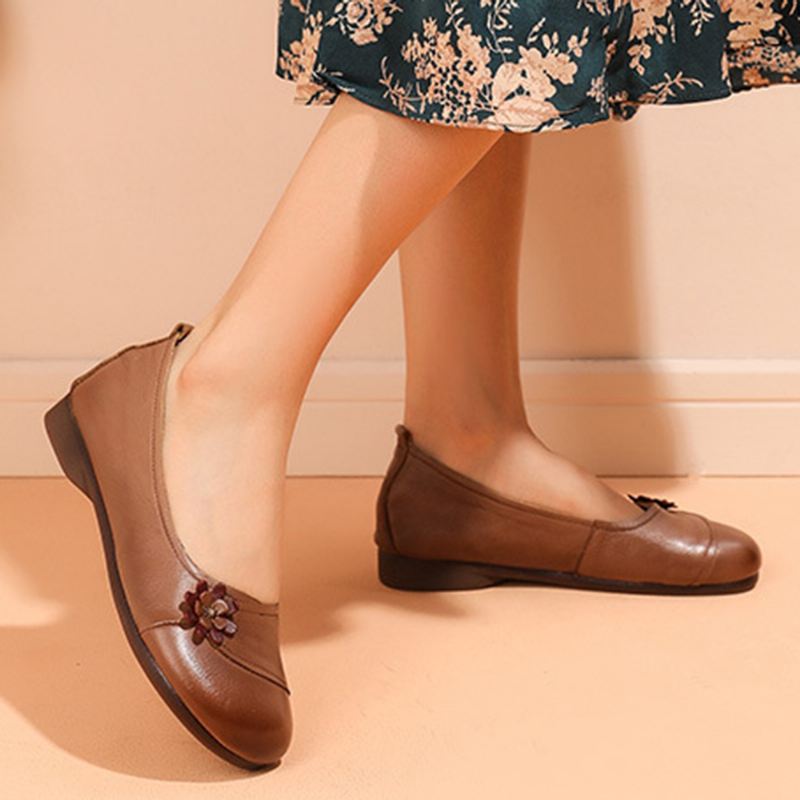 Kvinders Læderblomster Slip On Flats Loafers Sko