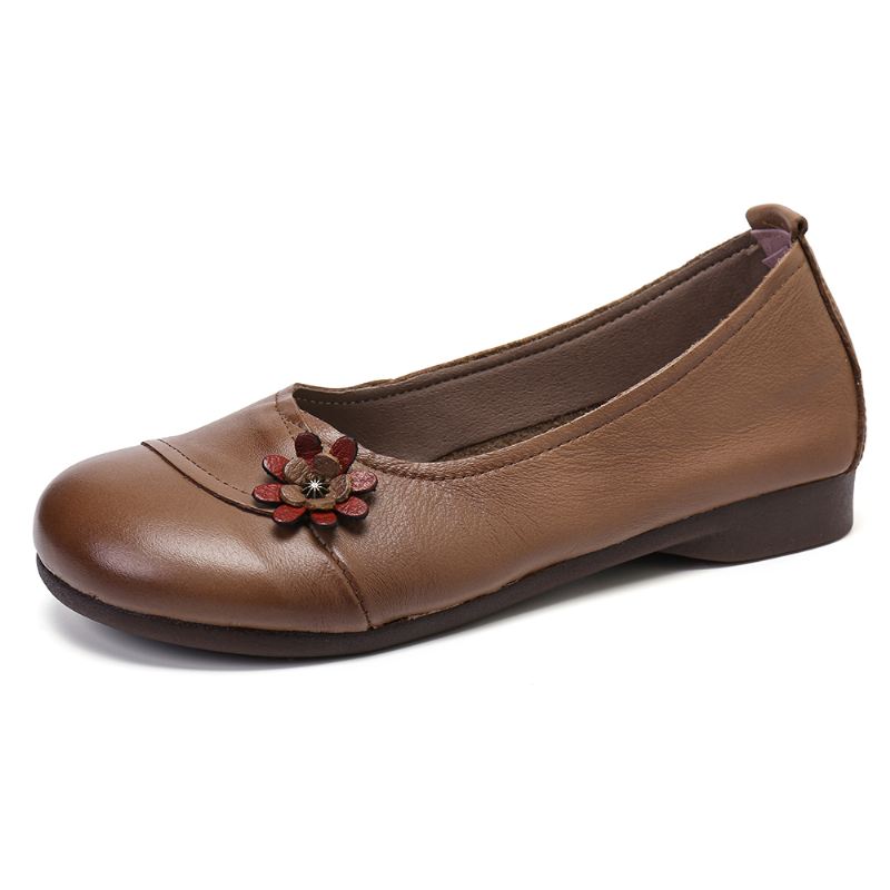 Kvinders Læderblomster Slip On Flats Loafers Sko