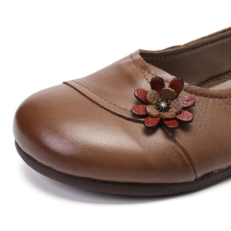 Kvinders Læderblomster Slip On Flats Loafers Sko