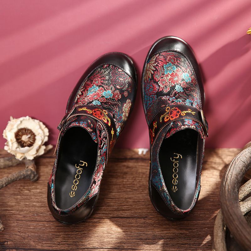 Retro Blomsterbroderi Læder Præget Blommeblomstspænde Slip-on-flade Sko