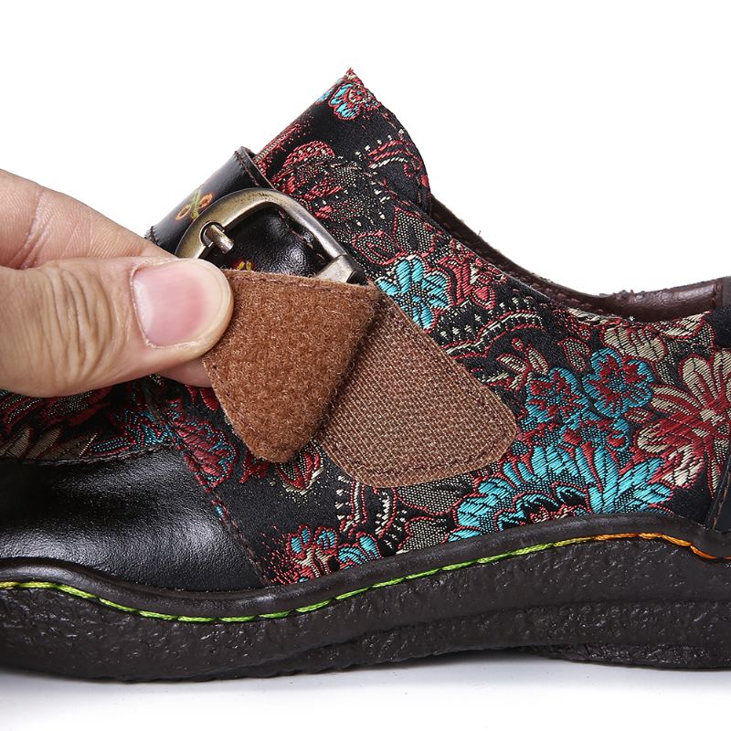 Retro Blomsterbroderi Læder Præget Blommeblomstspænde Slip-on-flade Sko