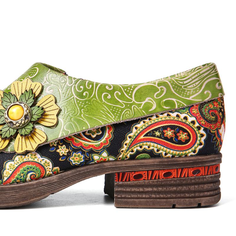 Retro Læder Paisley Splejsning Floral Prægede Ægte Læder Flade Sko