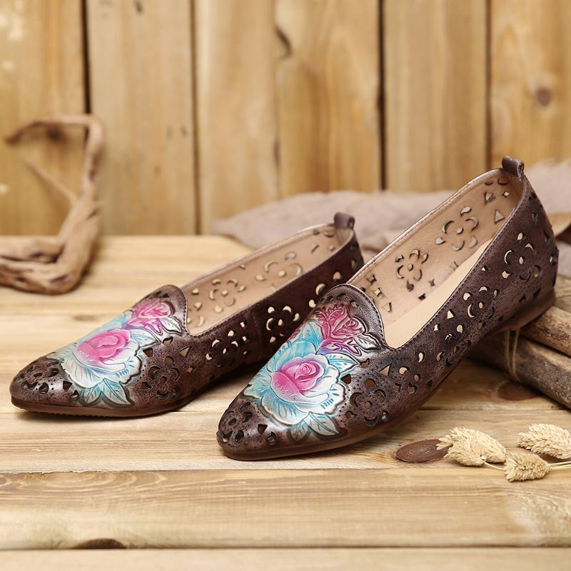 Retro Præget Delikat Pæon Hult Blomstermønster Ægte Læder Flad Elegant Loafer