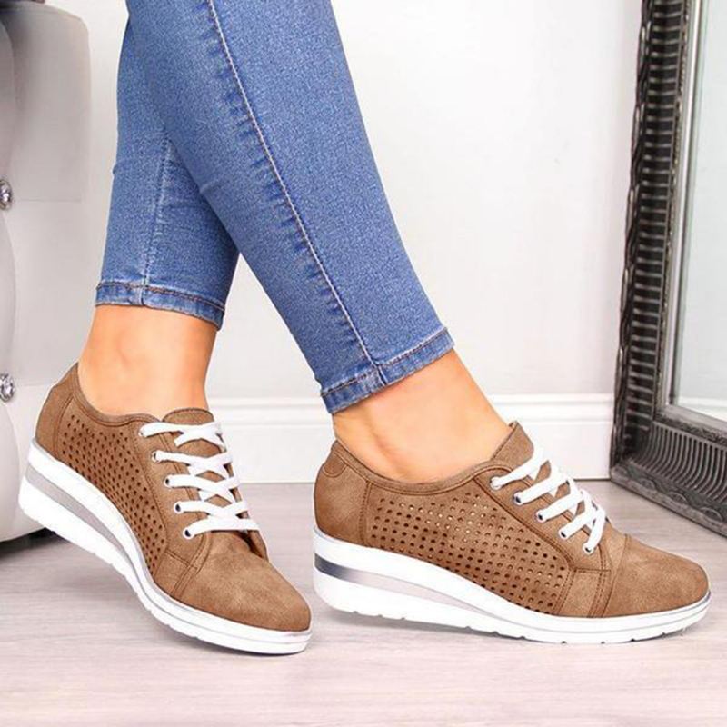 Stor Størrelse Kvinder Casual Ensfarvede Runde Toe Lace Up Wedges Loafers