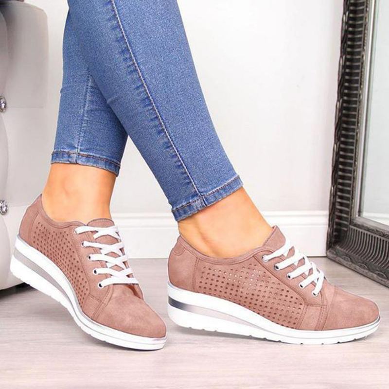 Stor Størrelse Kvinder Casual Ensfarvede Runde Toe Lace Up Wedges Loafers